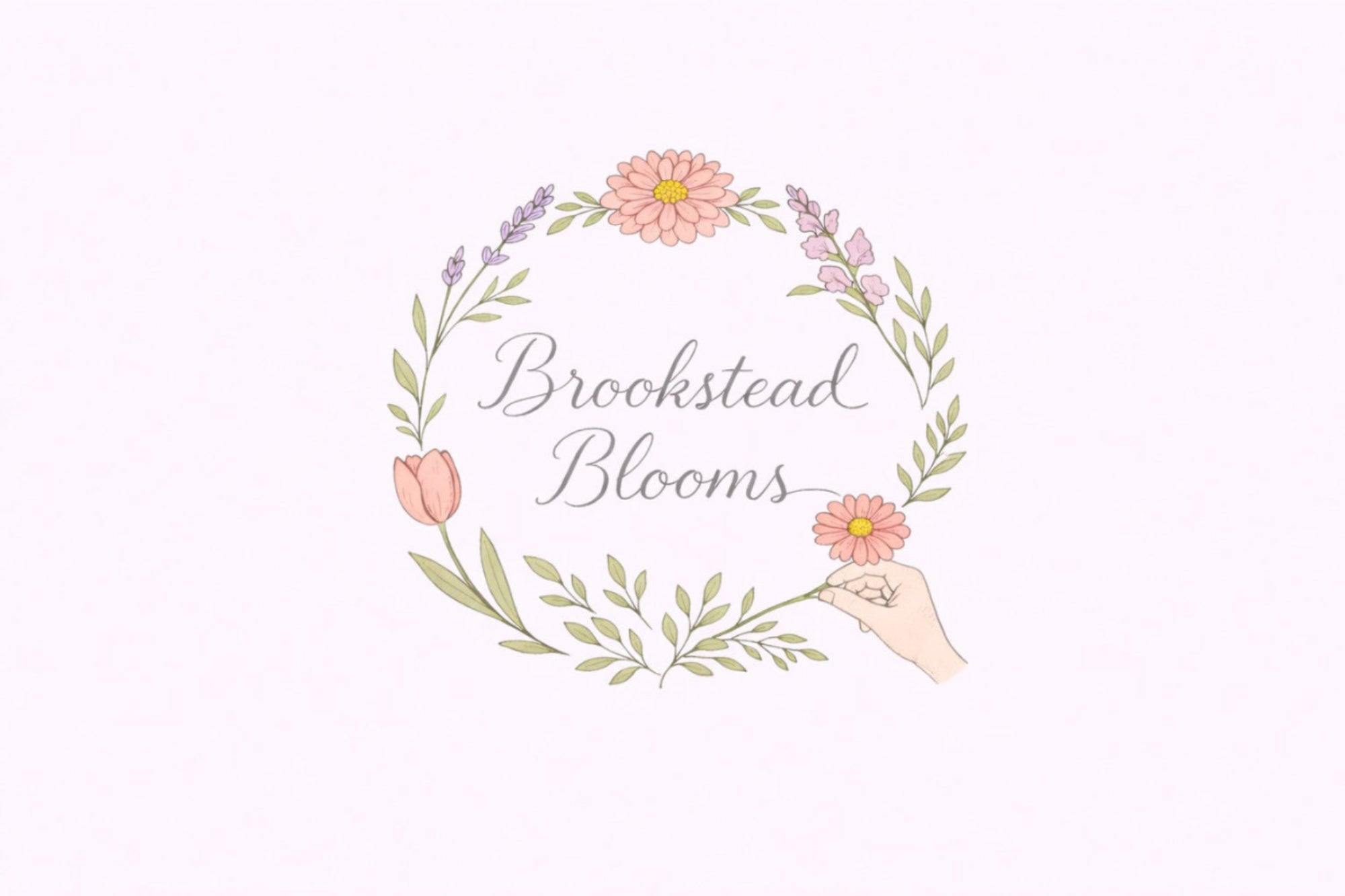 Floral wreath with 'Brookstead Blooms' text on a light pink background